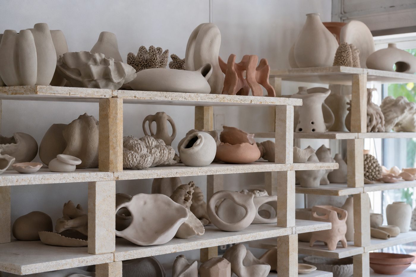 Bisque sculpture resting on kiln shelves