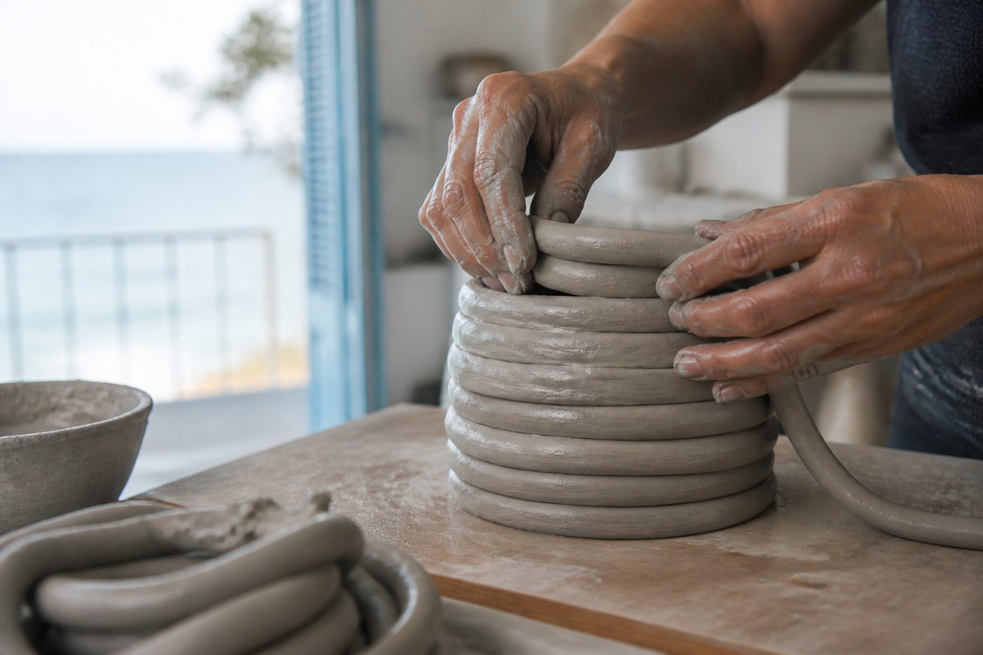 Hands joining wet clay coils on a wooden board
