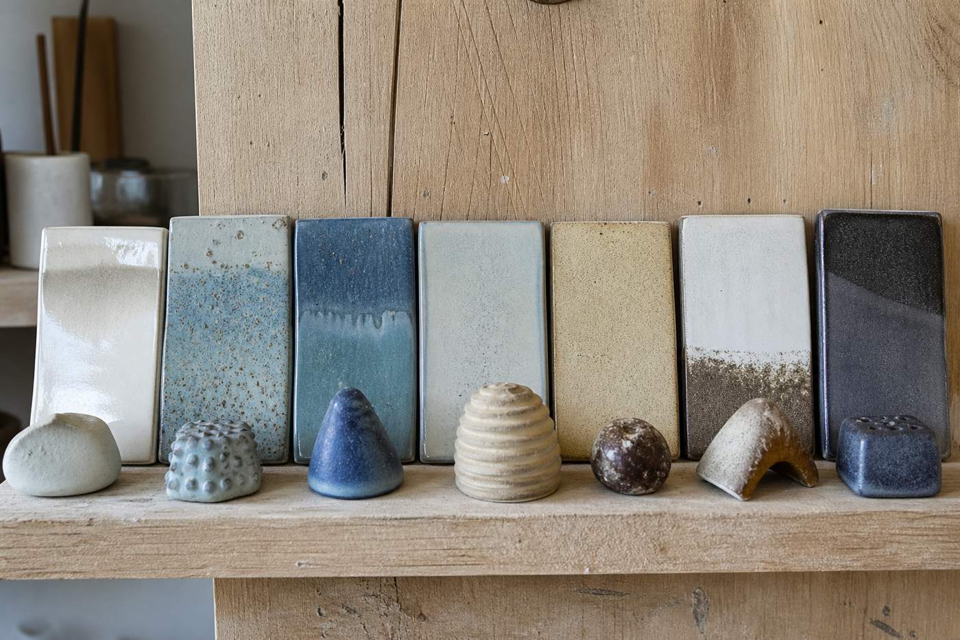 Glaze test tiles on a wooden shelf