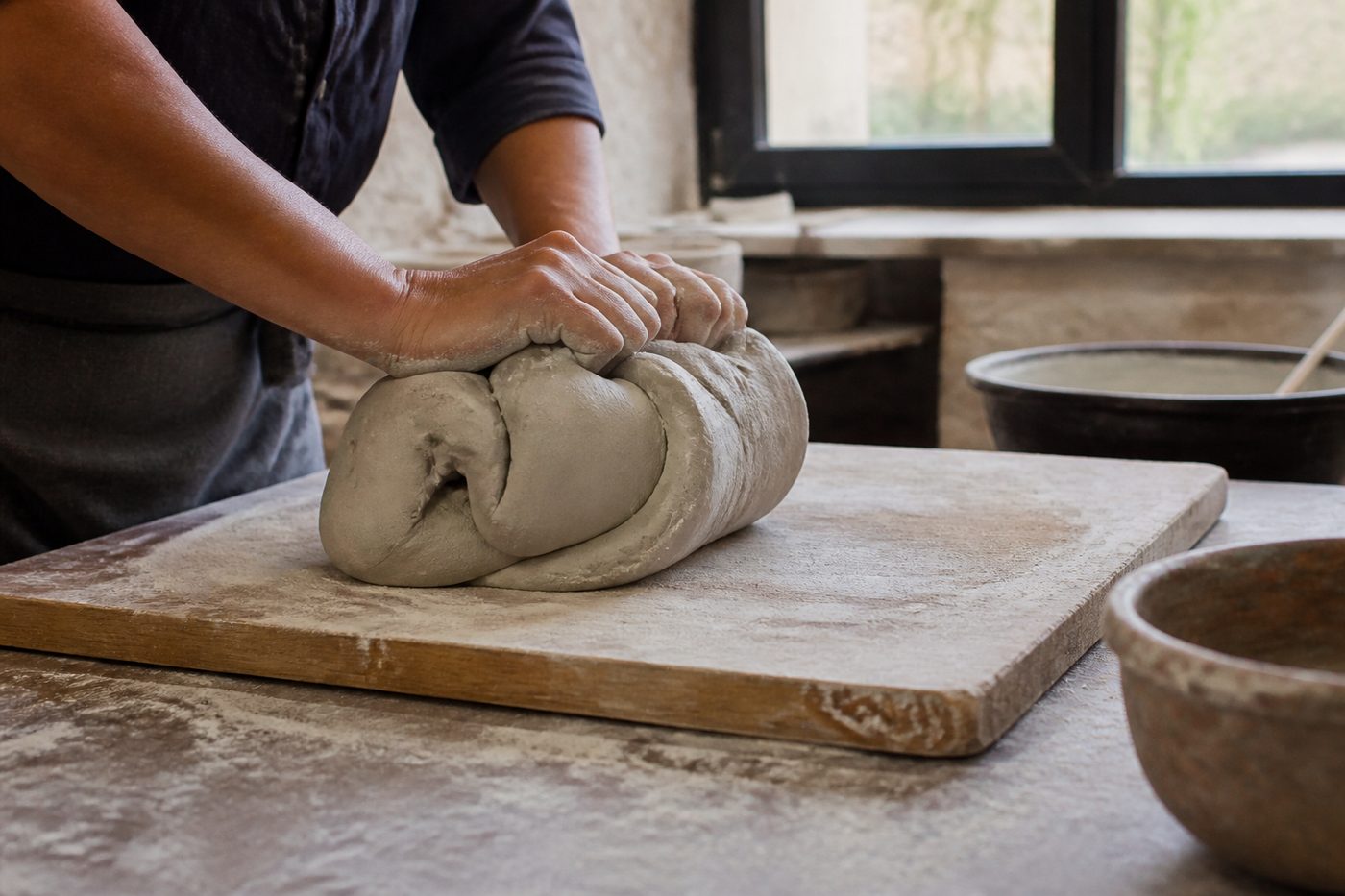 Wedging a lump of clay on a wooden board