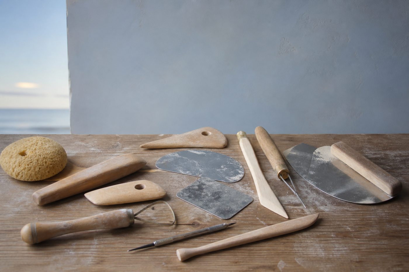 Wooden ribs and handbuilding tools on a workshop table